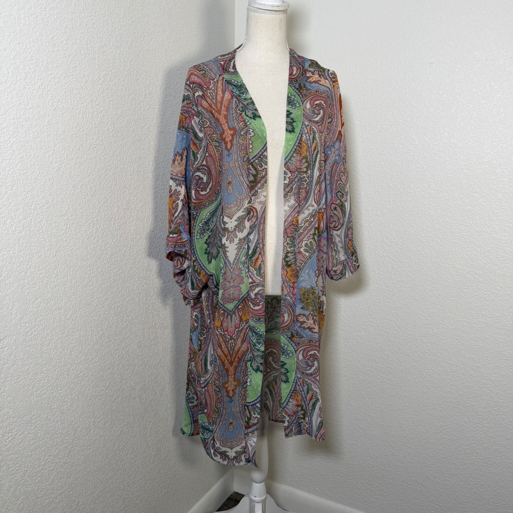 Anna Bee Paisley Duster Kimono Womens Large Multicolor Open Front Boho CL52513‎